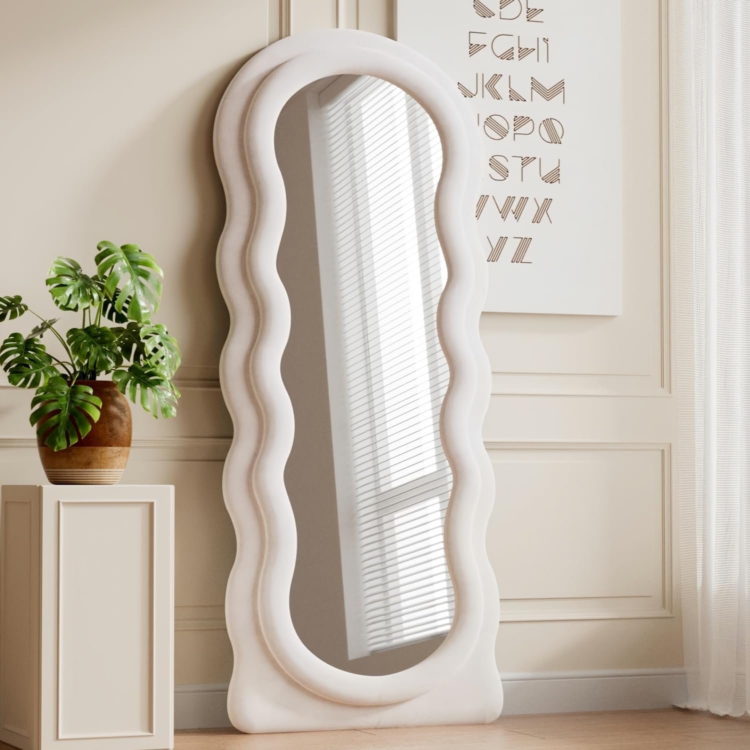 Dewfig Full Length Mirror, 63″ x 24″Irregular Wavy Mirror, Large Floor Length Mirrors Wall Mounted, Standing Wavy Mirrors with Flannel Wrapped Wooden Frame for Bedroom/Living Room, White