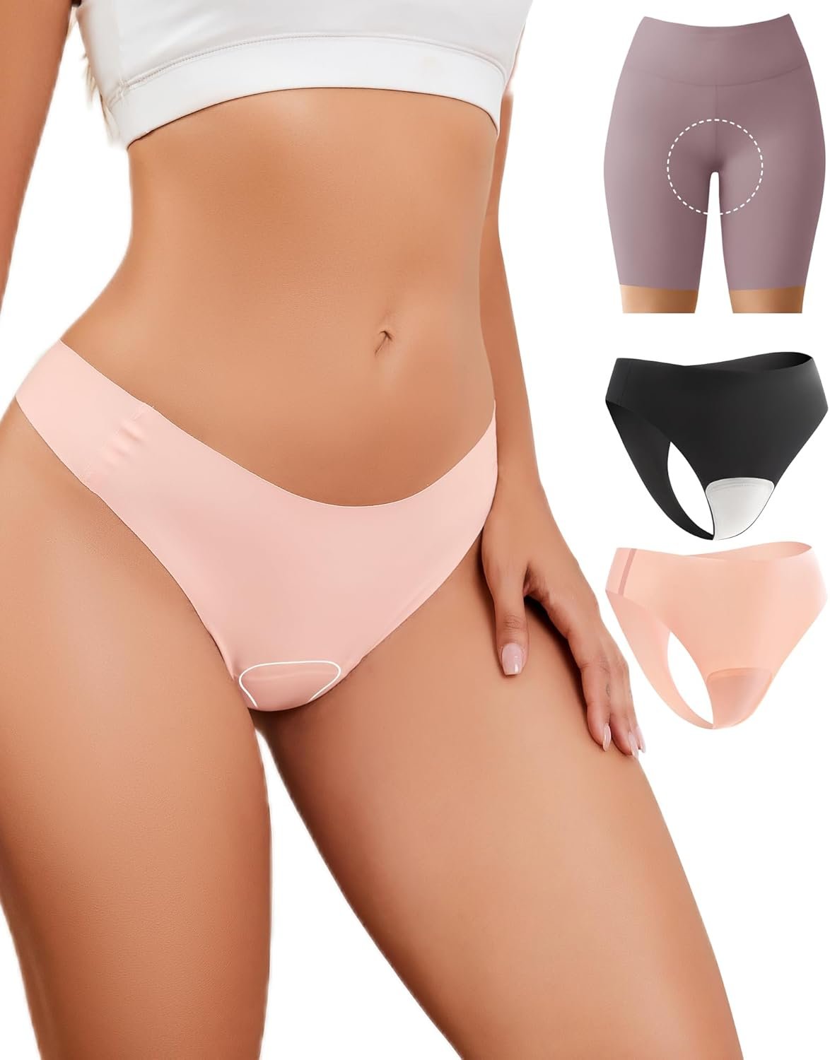 Seamless Workout Thongs for Women – No Show Womens Underwear with Wide Gusset Invisible Panties Nude&Black 2 Pack