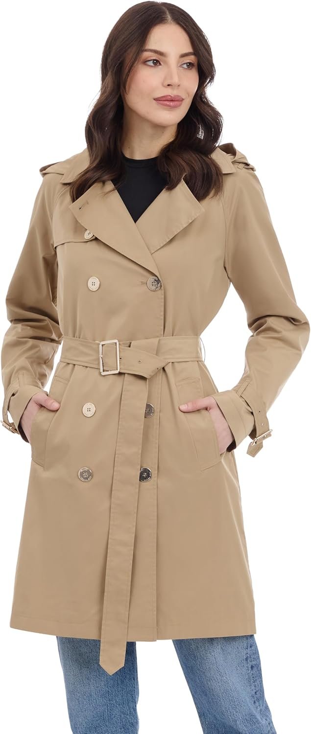 Michael Kors Women’s Double Button Trench Coat With Belt and Detachable Hood