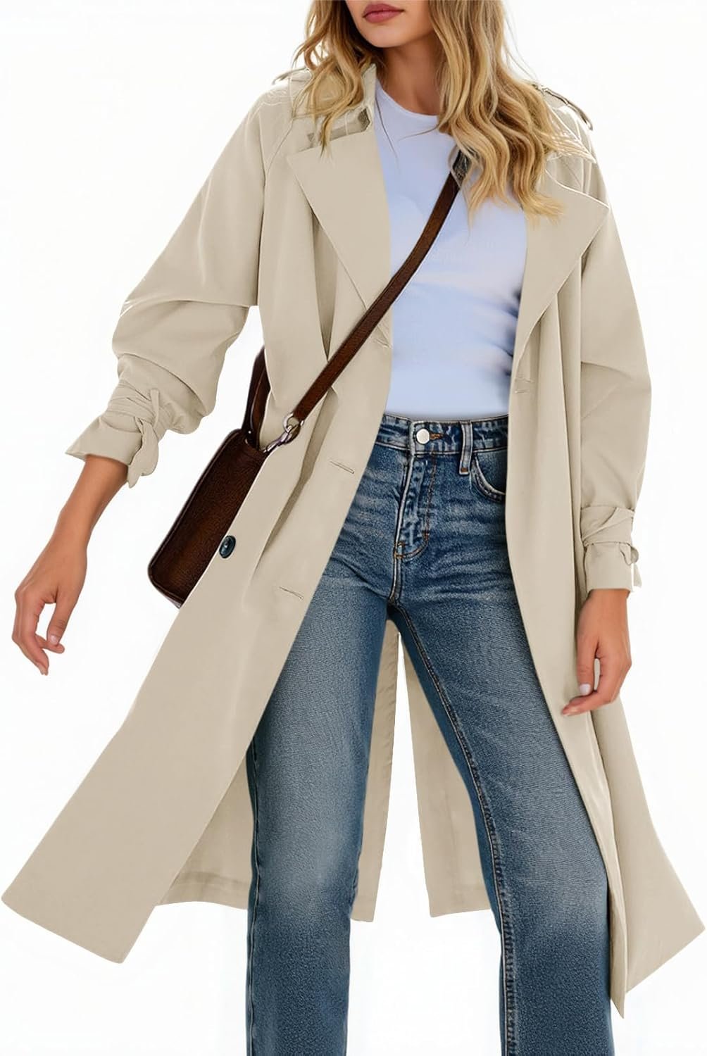 Tankaneo Womens Long Trench Coat Double Breasted Notch Lapel Lightweight Oversized Windproof Fall Overcoat with Belt
