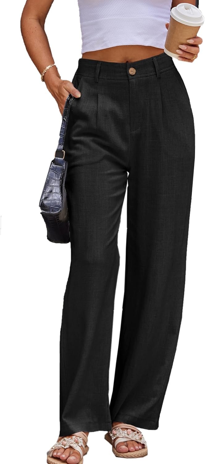heipeiwa Women’s Linen Pants Casual High Waist Wide Leg Straight Dress Cotton Linen Button Trouser Summer Clothes