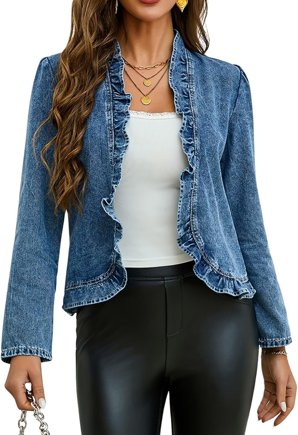 Women’s Ruffled Denim Jackets Long Sleeve Open Front Jean Cropped Top Coat 2026 Trendy Jean Jackets