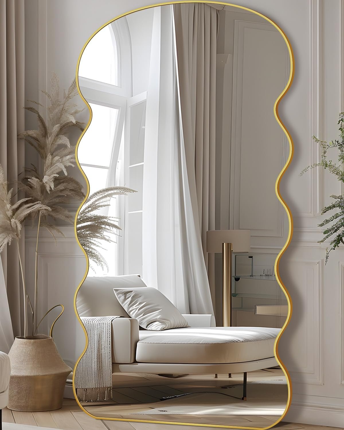 Wavy Full Length Mirror with Stand, 76” x 34″ Floor Mirror, Aluminum Alloy Frame Wall Mounted Leaning Standing, Full Body Mirror for Bedroom Living Room Entryway,Gold
