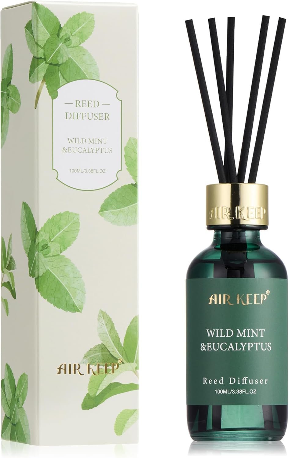 Airkeep Reed Diffuser Set, 3.38 fl oz (100 ml) – Wild Mint&Eucalyptus Oil Diffusers with 8 Reed Sticks, Home Fragrance Reed Diffuser for Bathroom Shelf Decor