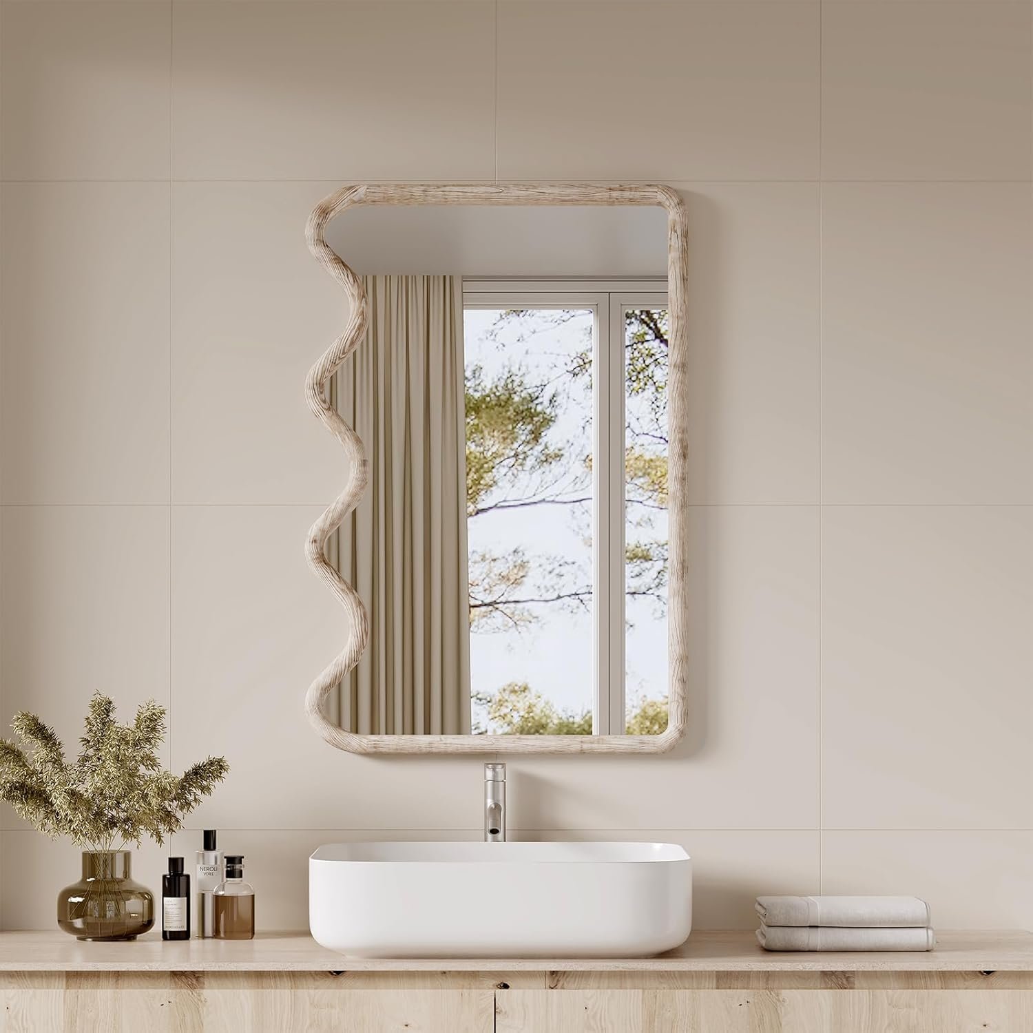 ULIKE Wavy Mirror for Wall, Rustic Wood Mirror for Bathroom Vanity, 24×36 Wooden Wall Mirrors Decorative for Bedroom, Living Room, Entryway, White