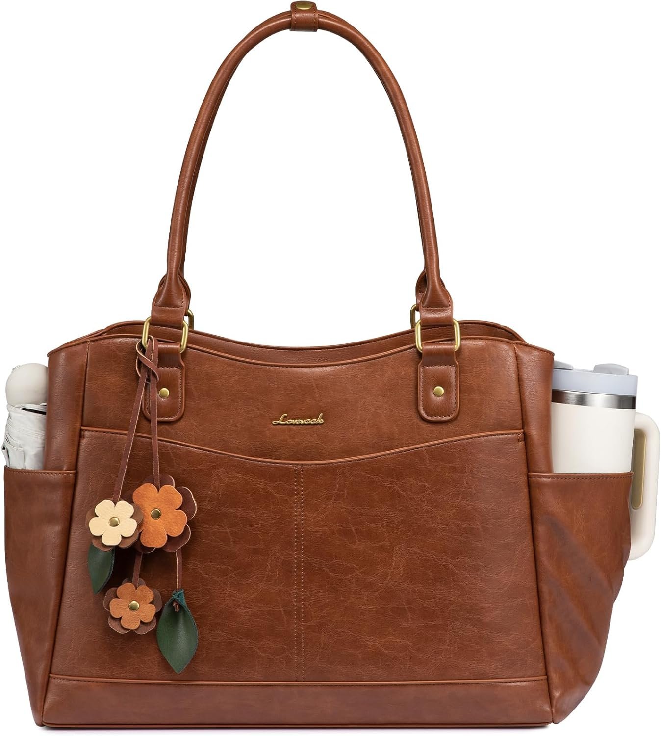 LOVEVOOK Laptop Bag for Women, Original Vintage Work Tote Bag Computer Office Teacher Bag with Flower Pendant