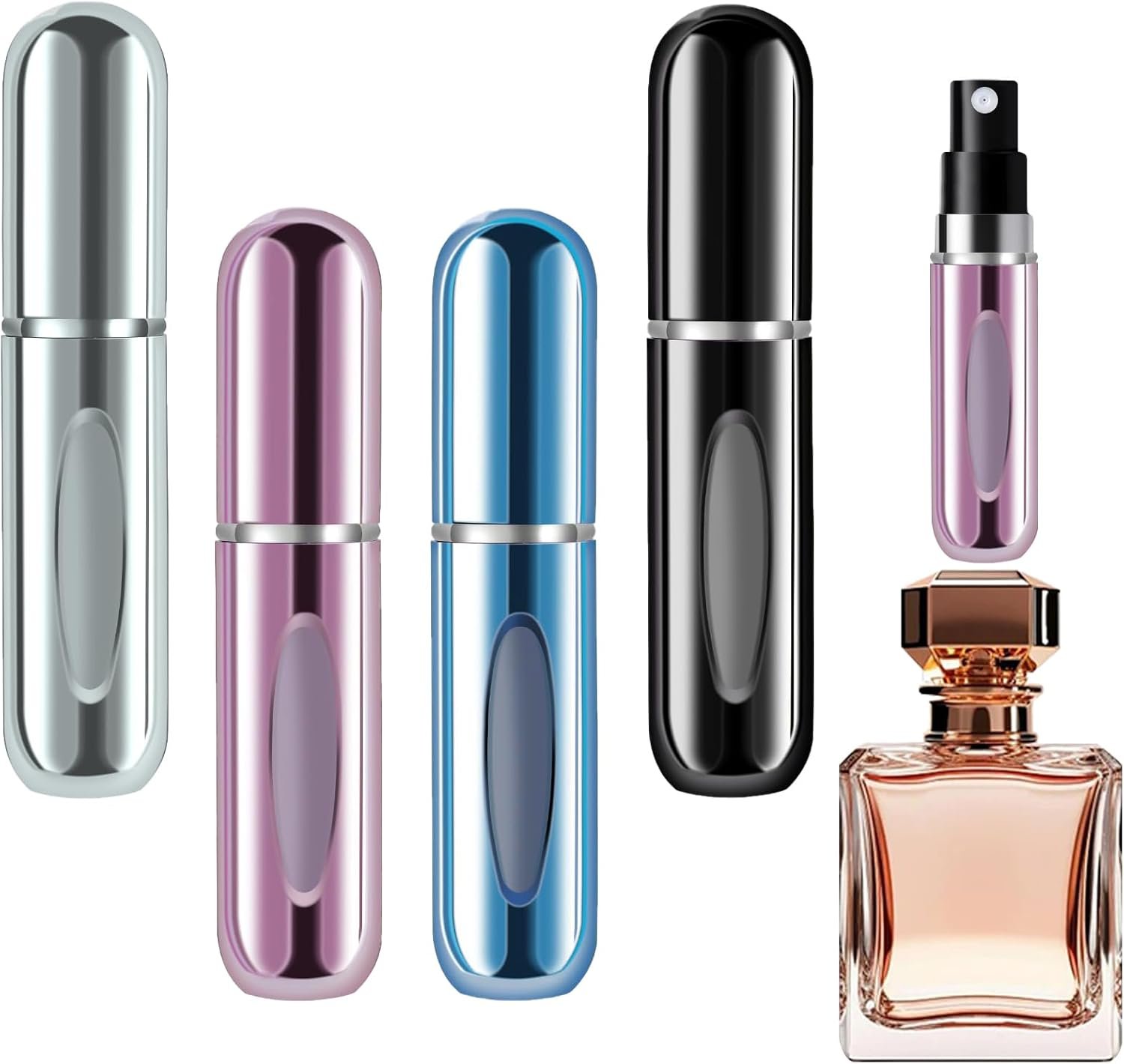 opasyo Refillable Perfume Portable Atomizer Bottle Refillable Perfume Spray, Leak-Proof Perfume Spray Bottle, Travel Perfume for Traveling and Outgoing (5ml, 4 Pack Silver/Pink/Blue/Black)