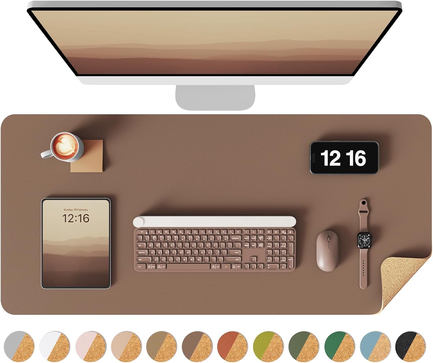 YSAGi Double-Sided Desk Pad, 31.5″x15.7″Leather Desk Mat, Eco Cork Desk Pad Protector,Large Mouse Pad,Waterproof Desk Blotter for Office/Home(Coffee)