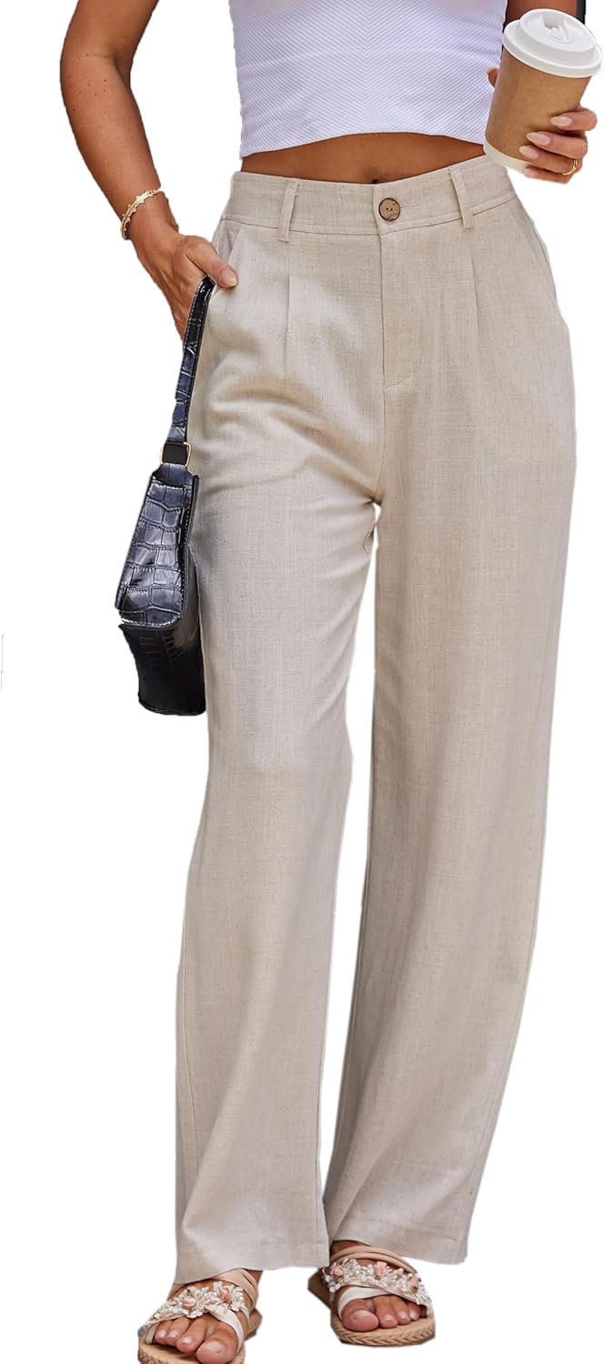 Fakanhui Women’s Linen Dressy Work Casual Pants Summer Business Straight Wide Leg Cotton Linen Trouser Pants