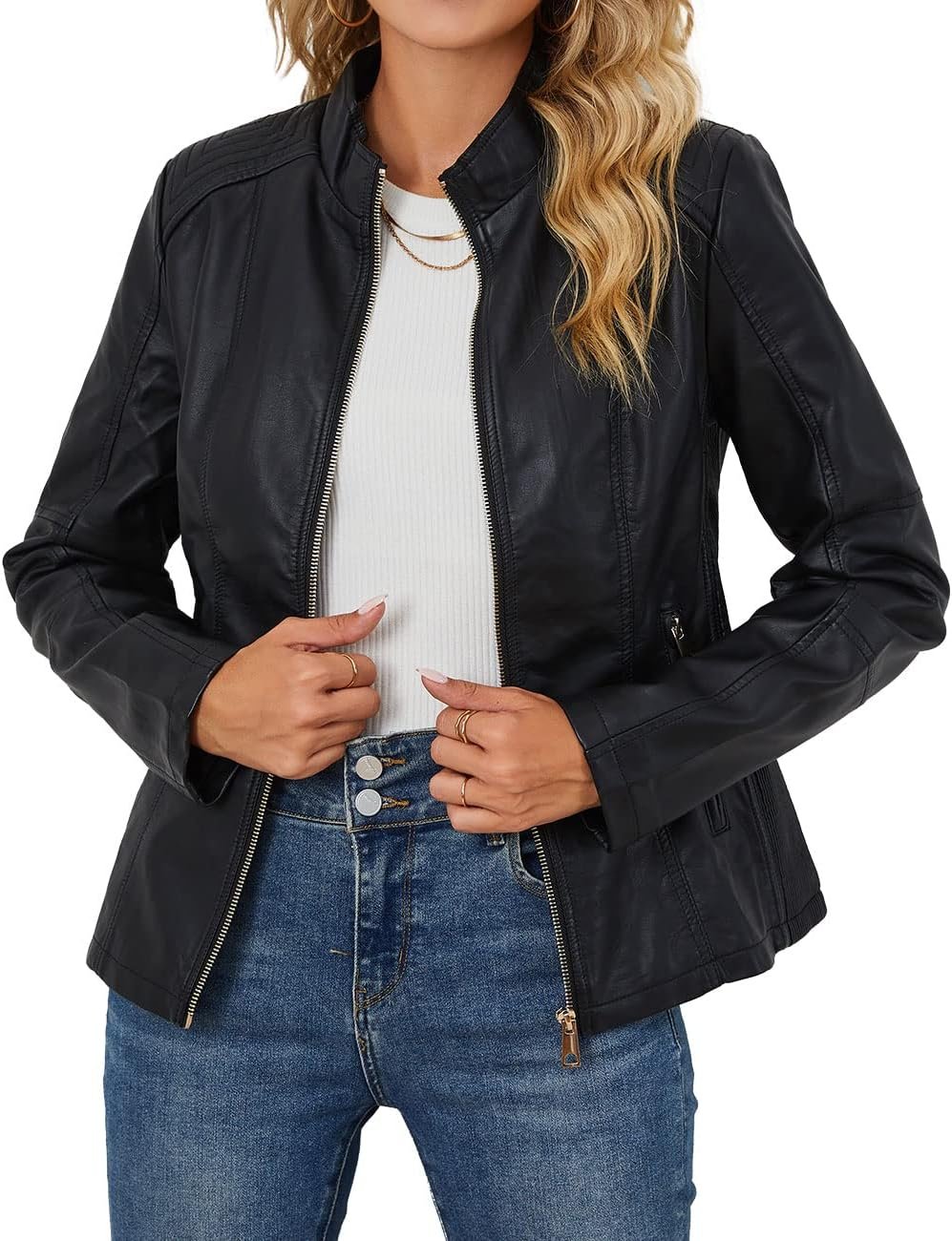 Bellivera Faux Leather Jacket Women Motorcycle Zipper Stand Collar Bomber PU Bike Coat with Pockets