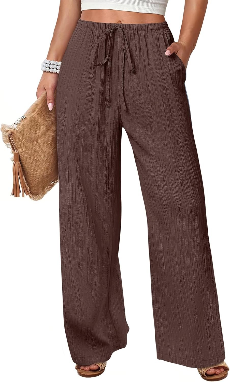 ANRABESS Women’s Wide Leg Beach Pants Elastic Waist Lightweight Casual Flowy Palazzo Lounge Trousers with Pockets
