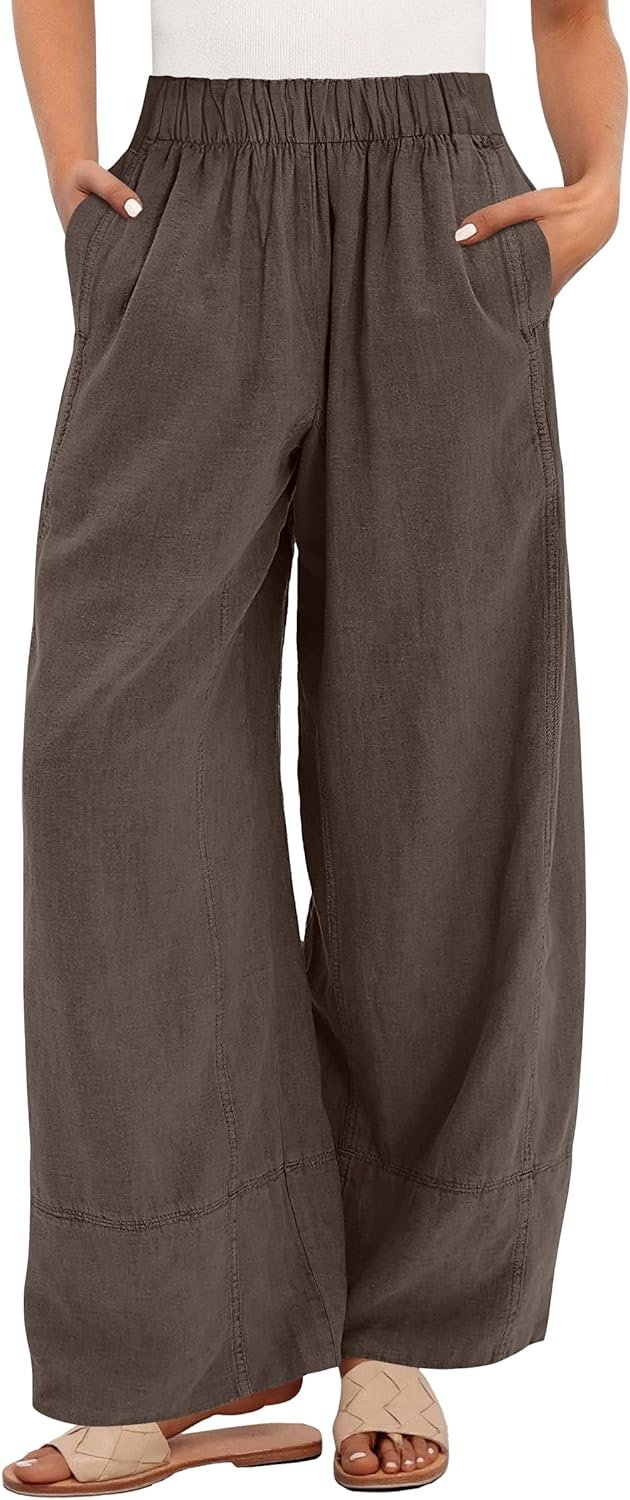 ANRABESS Women’s Wide Leg Linen Pants Summer Boho Casual Elastic Waist Long Lounge Travel Pants Trousers with Pockets