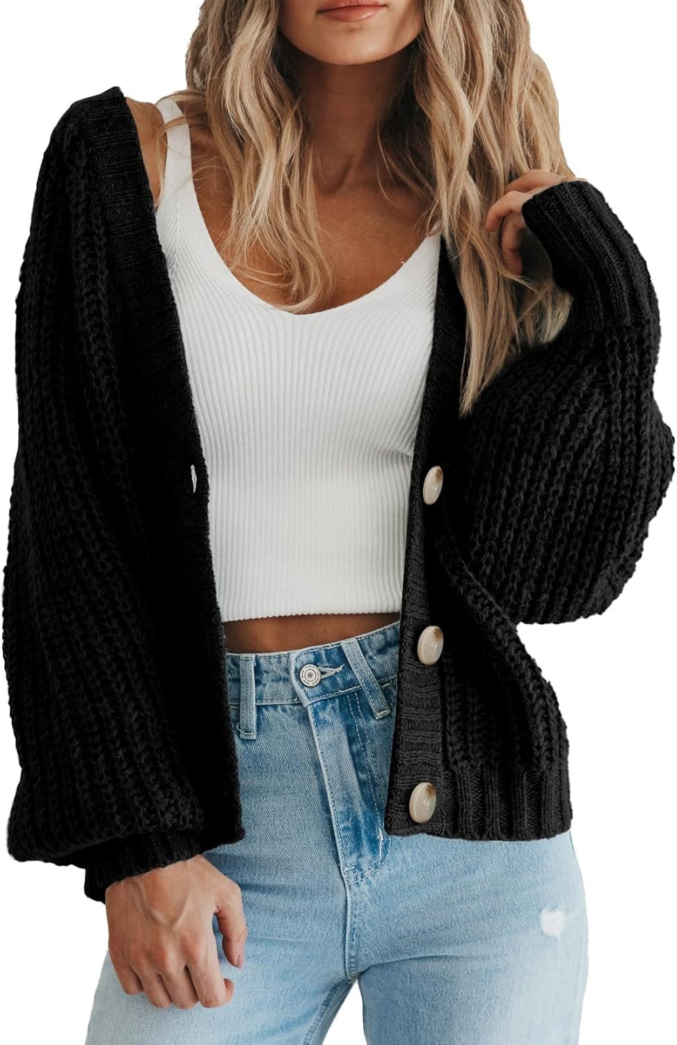 PRETTYGARDEN Women’s Chunky Knit Open Front Sweater Long Sleeve Button Loose Short Cardigan Outerwear Coats