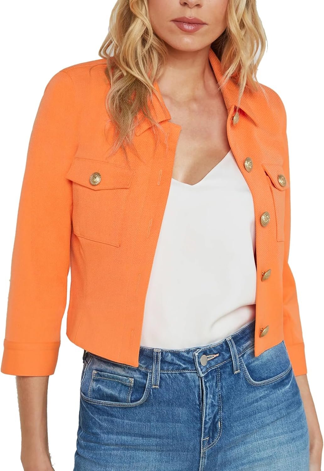 YEXPINE Cropped Fall Jacket for Women 3/4 Sleeve Open Front Casual Jacket Lightweight Button Down Outerwear with Pockets