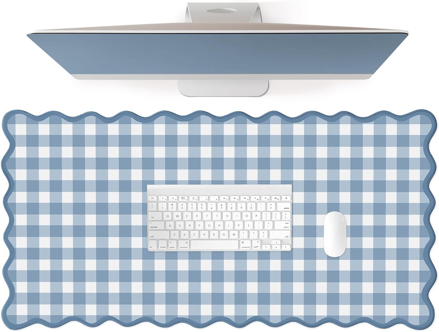 Scalloped‌ Blue Checkered Gingham Desk Mat Cute Pastel XXL Large Gaming Mouse Pad Kawaii Cottagecore ‌Vintage‌ Rustic Keyboard Computer Mat Aesthetic Desk Pad Accessories Office Decor