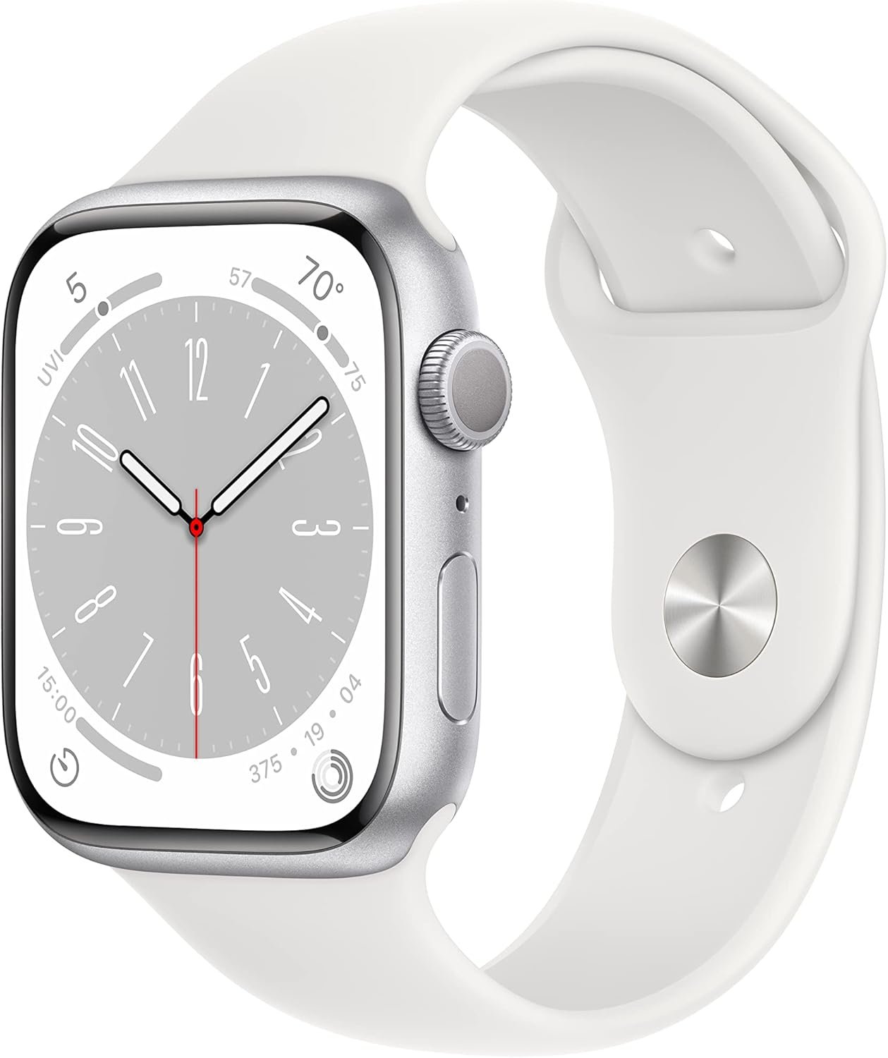 Apple Watch Series 8 (GPS, 45MM) Silver Aluminum Case with White Sport Band, M/L (Renewed Premium)