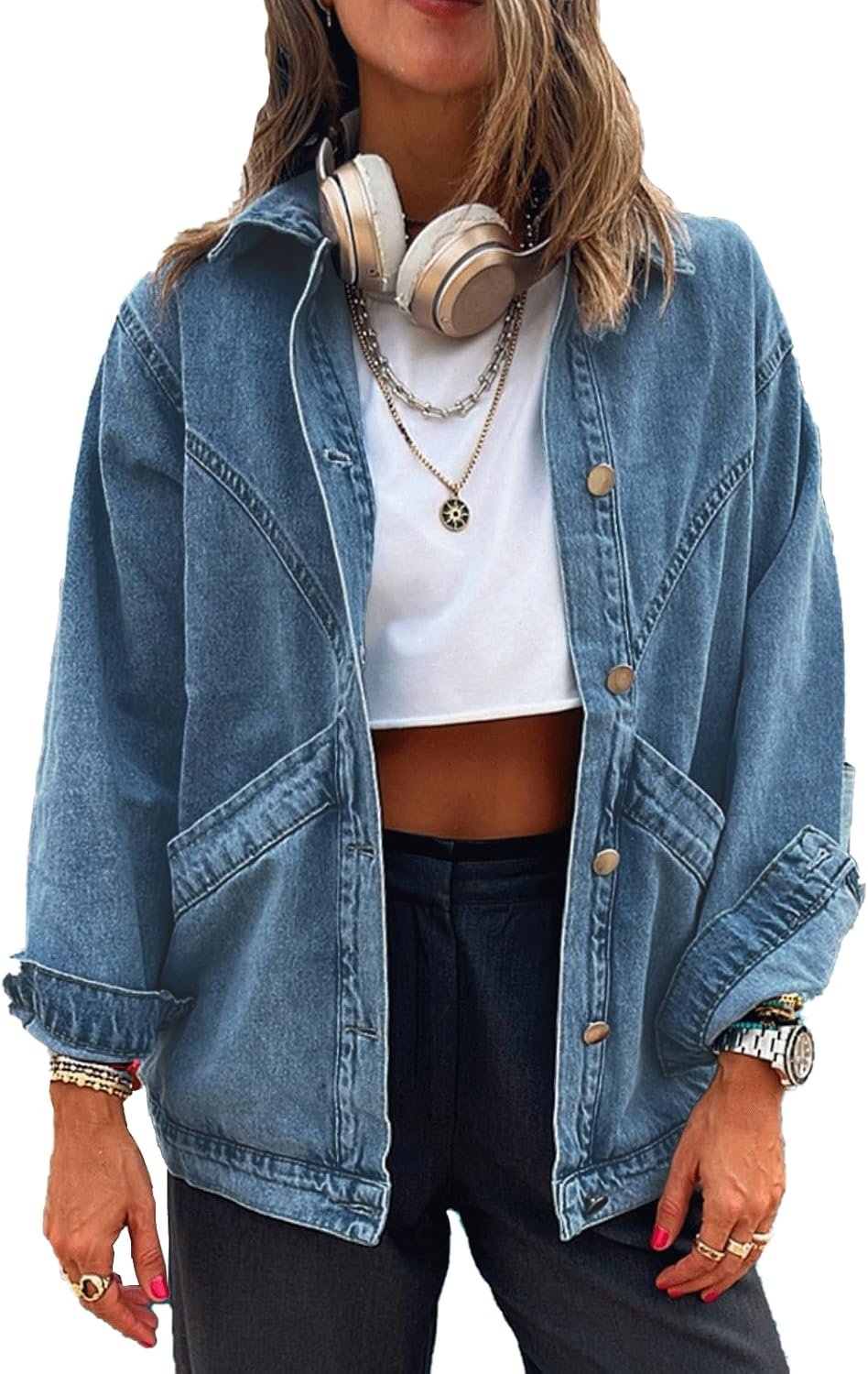 Women’s Casual Oversized Button Up Denim Jackets Shacket Long Sleeve Pockets Denim Jean Jacket with Huge Pockets