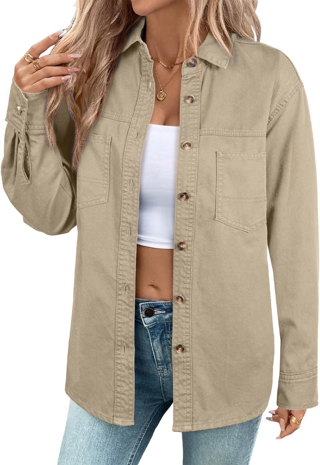 Sidefeel Women Denim Shirts Oversized Long Sleeve Button Down Blouse V Neck Casual Top Shackets