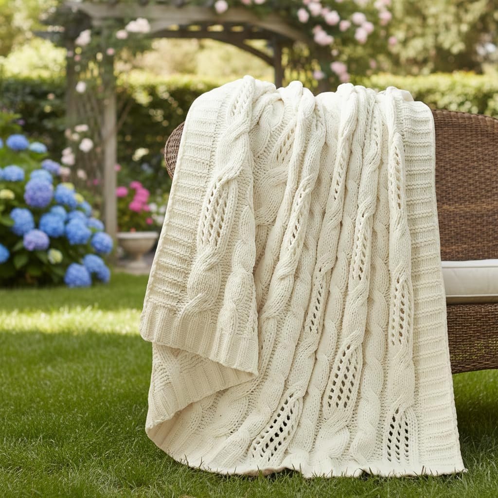 Amélie Home Chunky Knit Throw Blanket, Dual-Sided Soft Chenille Breathable Cable Knitted Blanket for Couch, Farmhouse Decorative Throw for Sofa & Chair, 50″x60″, Ivory