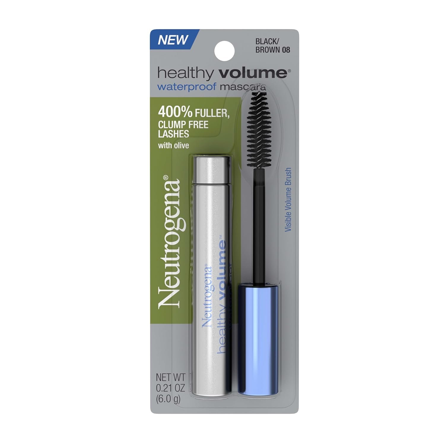 Neutrogena Healthy Volume Lash-Plumping Waterproof Mascara, Volumizing and Conditioning Mascara with Olive Oil to Build Fuller Lashes, Clump-, Smudge- and Flake-Free, Black/Brown 08, 0.21 oz