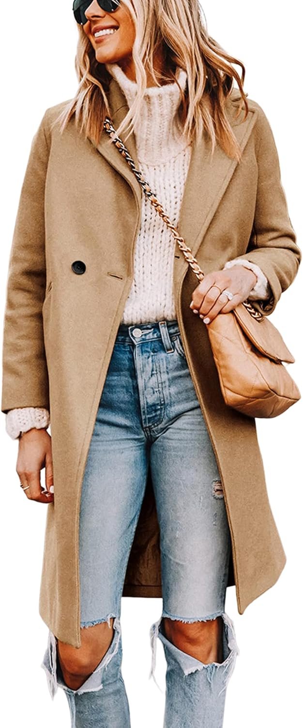Tanming Women’s Notch Lapel Double Breasted Wool Blend Mid Long Pea Trench Coat