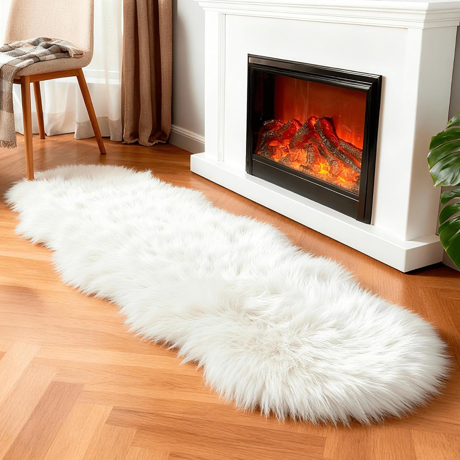 linmopm Faux Fur Rug Sheepskin Shag Fluffy Fuzzy White 2×6 ft Runner Rugs for Bedroom Bedside Bed Floor Living Room Plush High-Density Cushion Carpet Super Sofa Cover