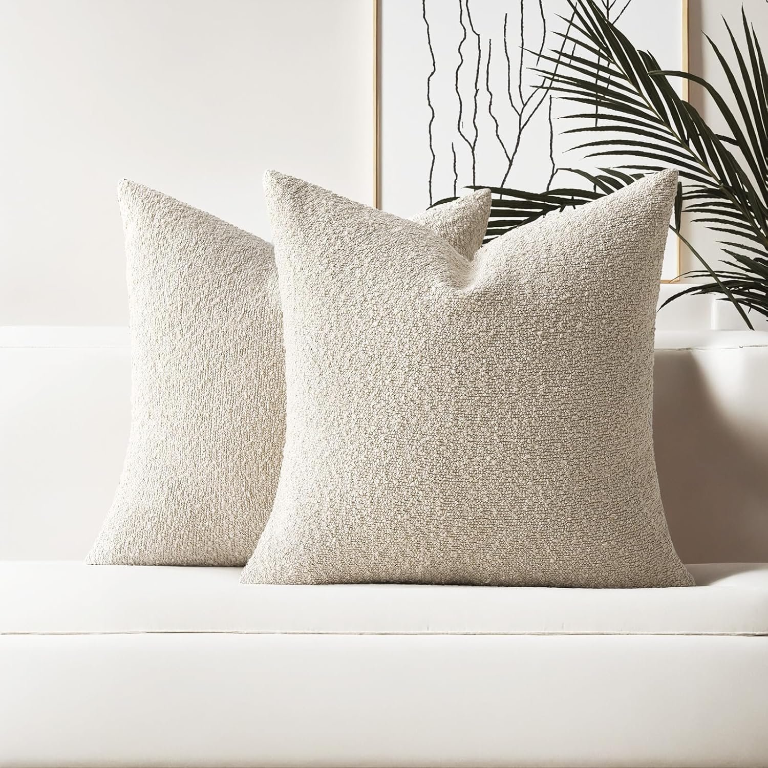 HAUSSY Pack of 2 Pillow Covers 18×18 Inch, Boucle Decorative Throw Pillows Soft Boho Neutral Cushion Covers Home Decor Modern Pillow Cases for Couch Living Room Sofa Bed, Beige (Covers Only)