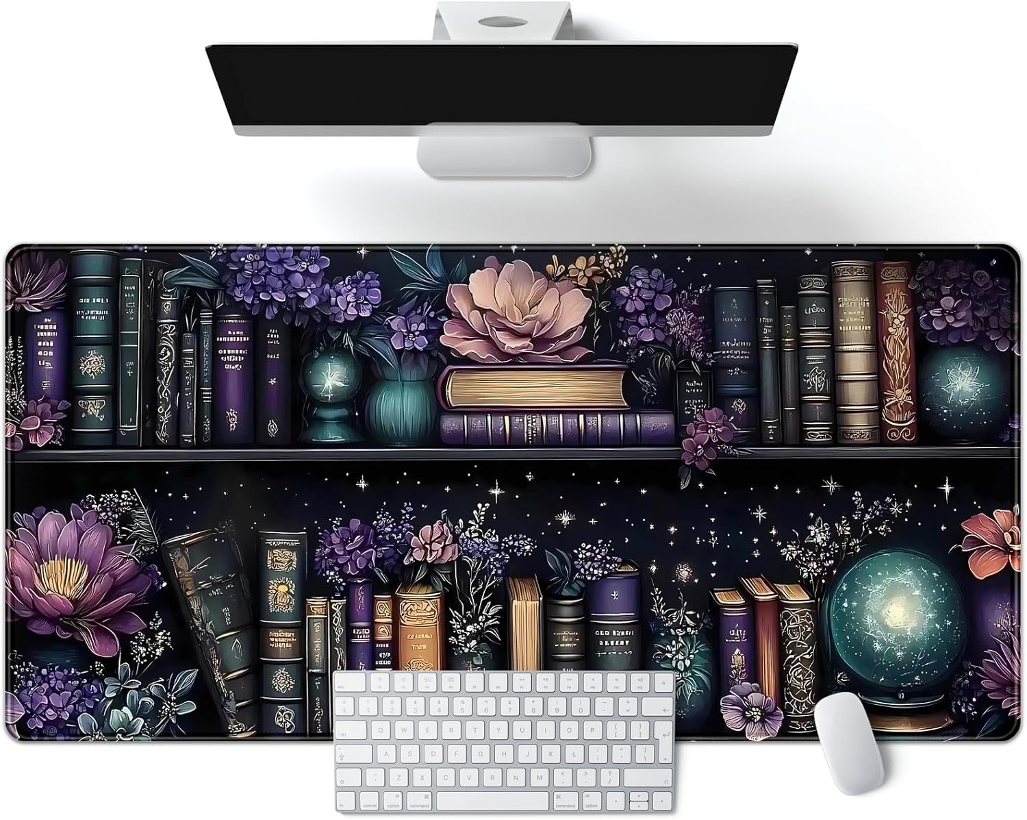 Purple Flowers Bookshelf Desk Mat Bookish Desk Pad Celestial Floral Books Large Mouse Pad XXL Extended Mousepad Aesthetic Keyboard Pad Crystal Globe Mouse Mat 31.5×15.7 in Office Decor for Women