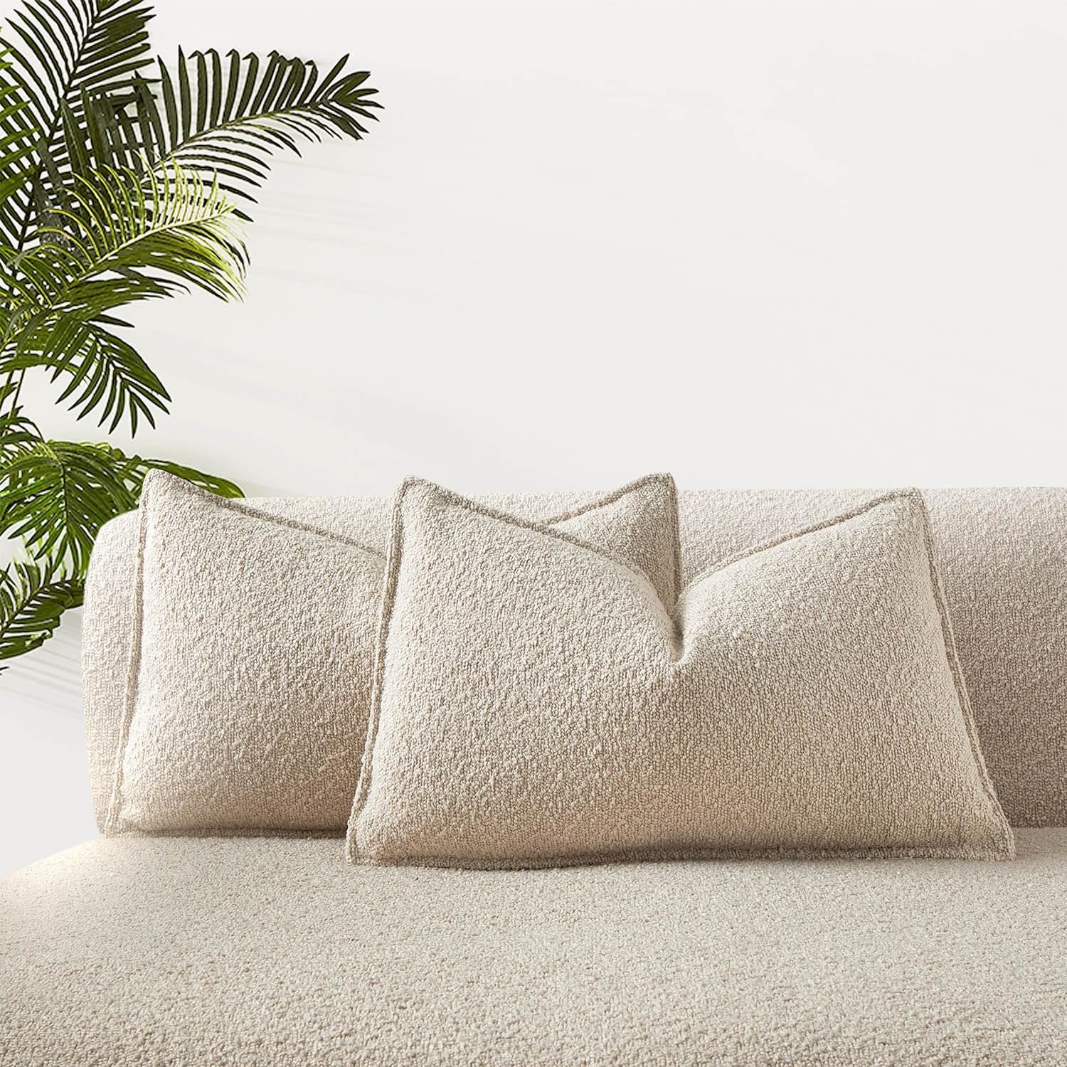 JUSPURBET Pillow Covers Set of 2 Decorative Throw Pillow Covers Case for Couch Sofa Bed Soft Boucle Textured Lumbar Cushion Covers with Hidden Zipper for Home Decor Living Room 16×24,Beige