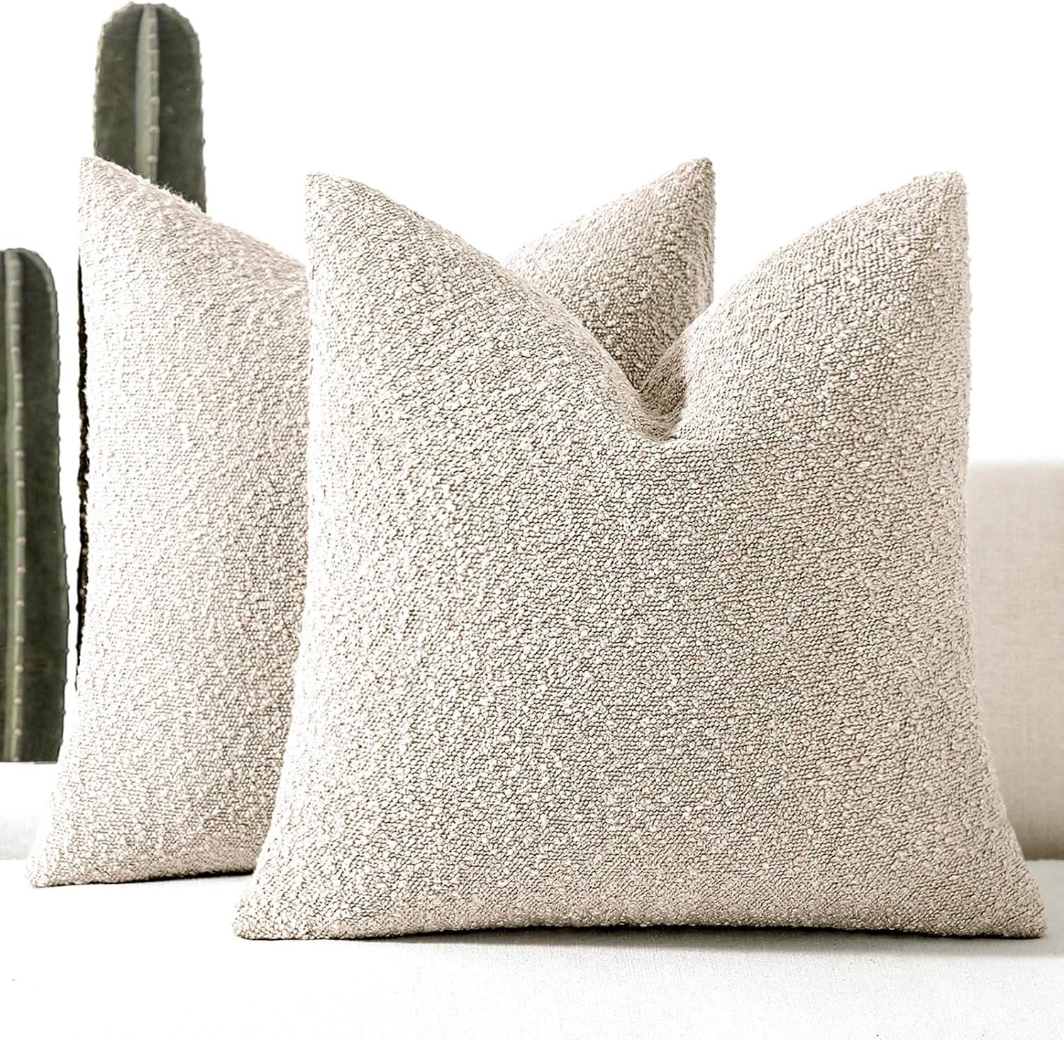 Boucle Decorative Throw Pillow Covers for Couch Set of 2, 18×18 inches, Beige