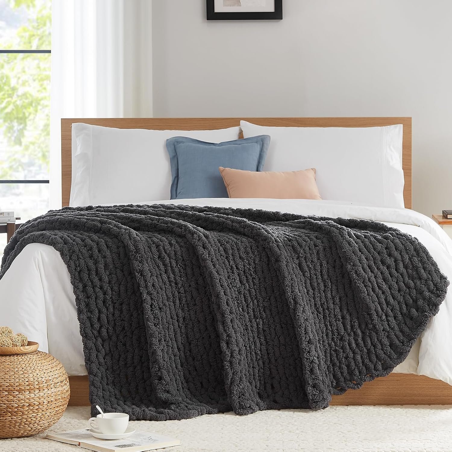 L’AGRATY Chunky Knit Blanket Throw – Soft Chunky Throw Blanket 50×60: 100% Hand Kintted Chenile Crochet Throw Blanket for Couch – Large Cable Knit Chunky Blanket for Home Decor(Dark Grey)