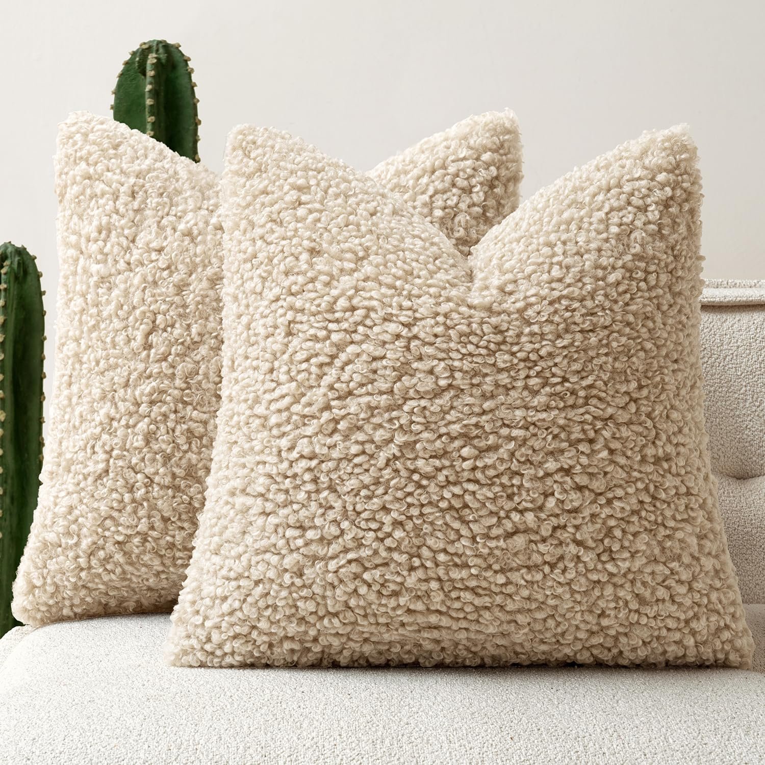Faux Fur Throw Pillow Covers 20×20 Inch Set of 2 Boucle Neutral Decorative Sherpa Fuzzy Accent Soft Sheepskin Fleece Cushions Modern Home Decor for Couch Sofa Bedroom Living Room,Oatmeal