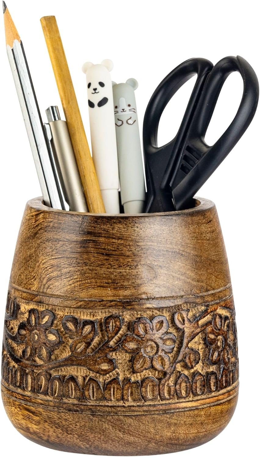 Mie Creations Designer Pencil Holder for Desk Wood | Wooden Pen Stand, Paintbrush Cup, Desk Accessories, Cute Make Up Brush Organizers | Office Desktop Stationery, Christmas Holidays Gift- 4” Brown