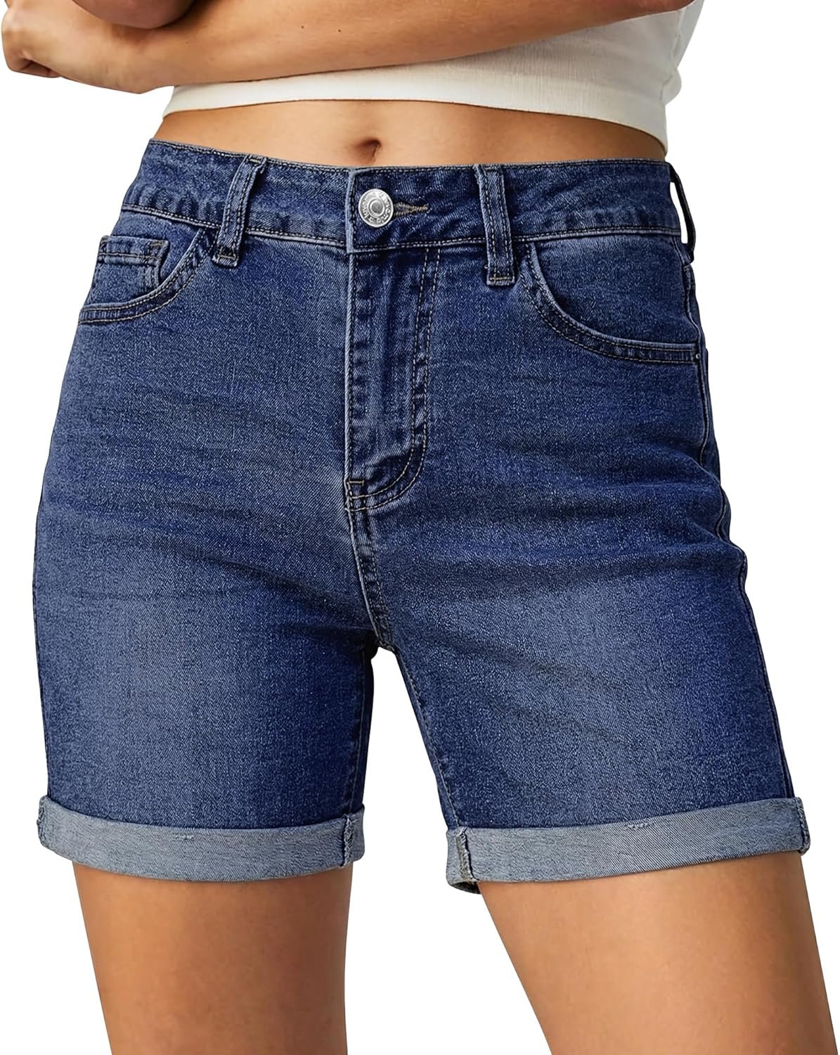 luvamia Jean Shorts for Women High Waisted Trendy Mid Thigh Long Cuffed Hem Stretchy Denim Shorts Casual Summer Jorts