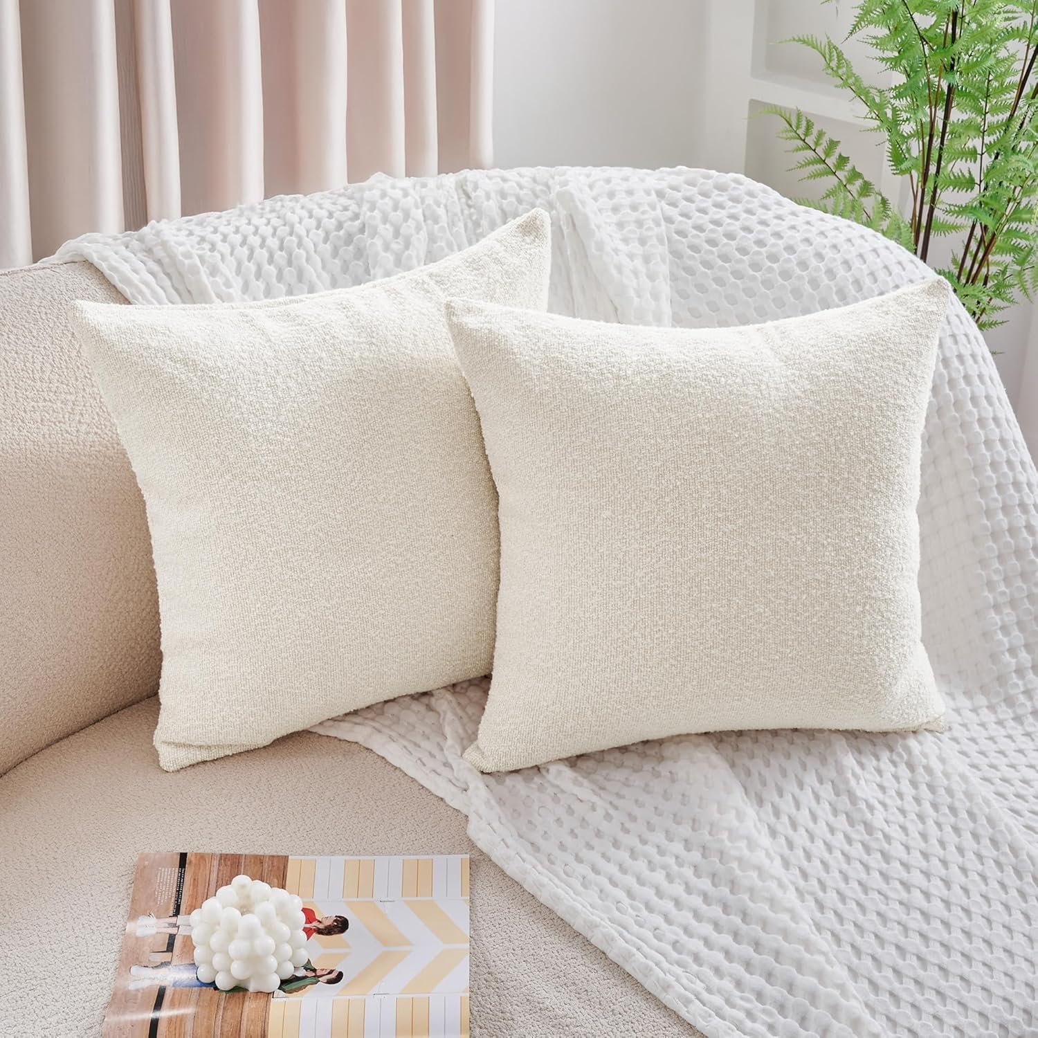 Deconovo Boucle Pillow Covers Set of 2, Textured Throw Pillow Covers for Living Room Sofa, Modern Decorative Couch Pillows, NO Pillow Insert, Ivory White, 18×18 Inch