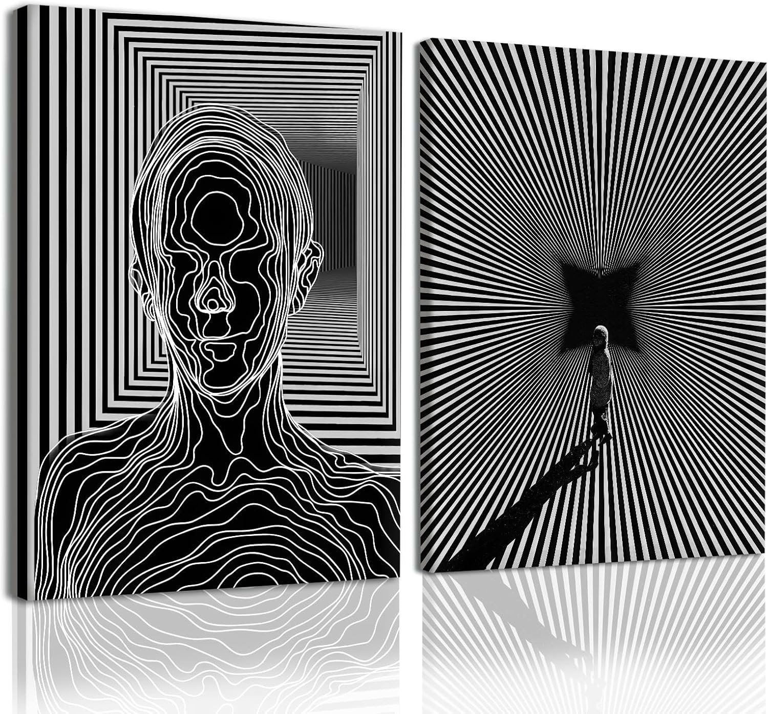 AUUAUU Abstract Wall Art Set of 2 Canvas Prints Paintings Black and White Lines Wall Art 12×16 Inch Optical Illusion Wall Decor Modern Minimalist Poster for Living Room Bedroom Offic
