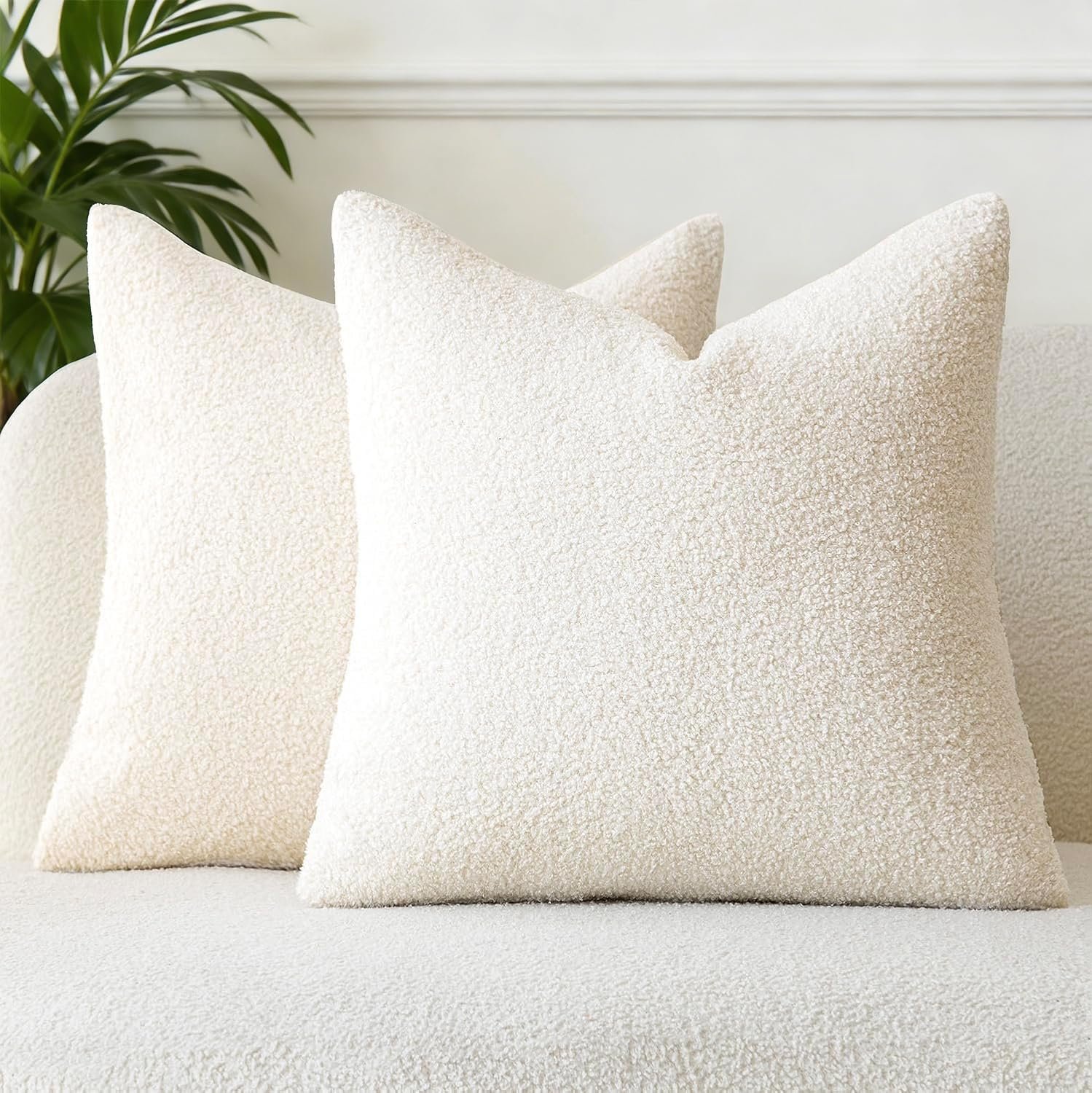 Mrcrypos Pack of 2 Faux Fur Throw Pillow Covers 18×18 Inch Neutral Beige Boucle Decorative Pillow Covers Fuzzy Boho Accent Soft Fluffy Cushion Covers for Home Decor Couch Living Room Bed Sofa