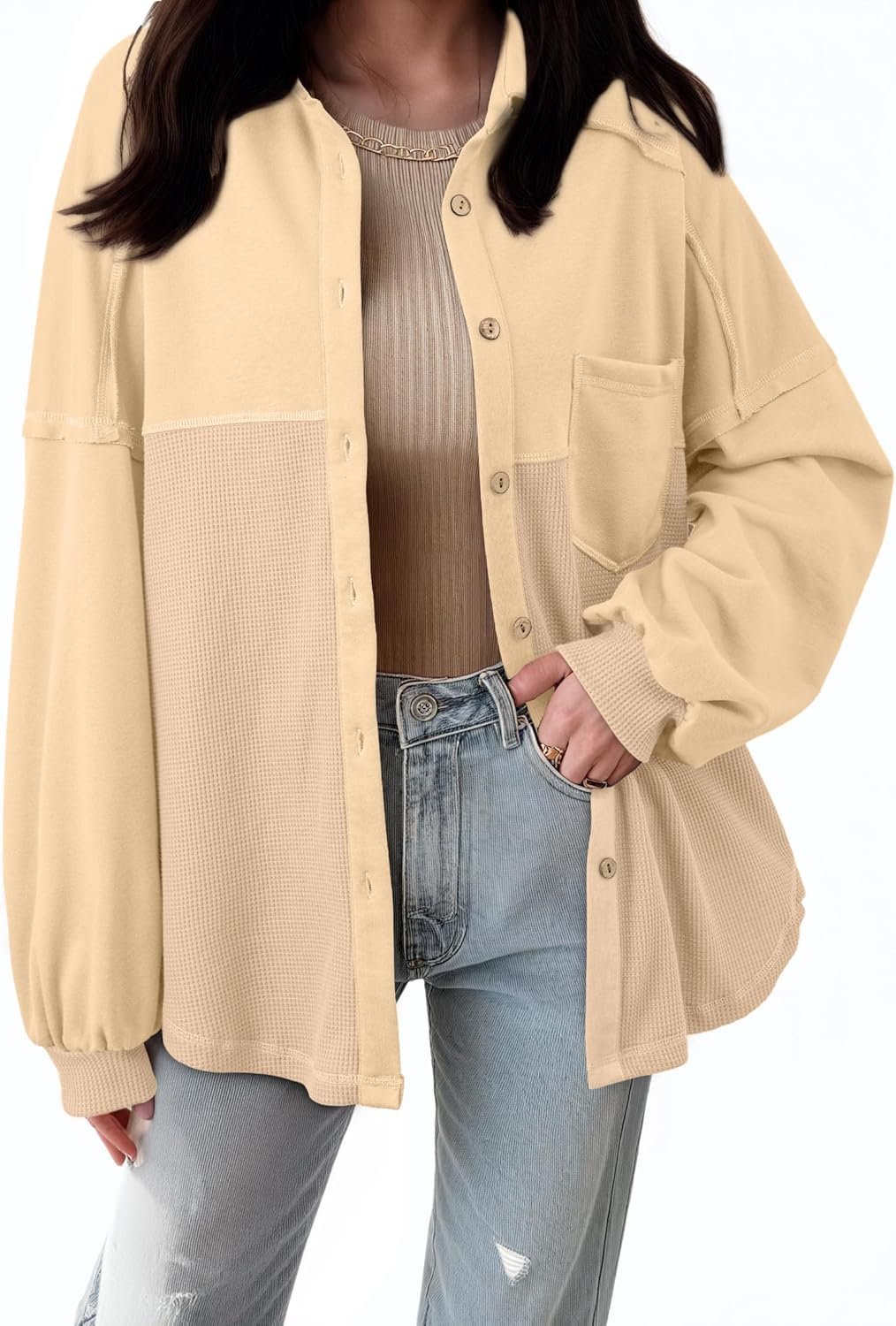 SHEWIN Womens Waffle Knit Shackets Fall Fashion Button Down Shirt Jacket Loose Long Sleeve Tops With Pocket