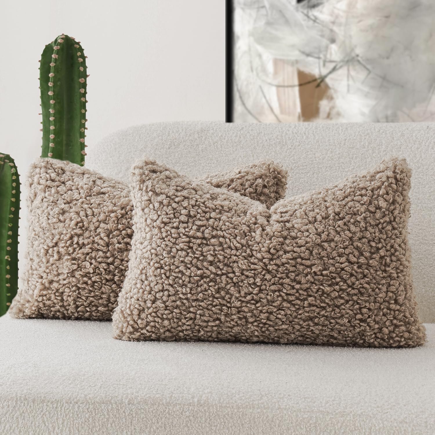 Foindtower Set of 2 Curly Teddy Wool Pillow Covers Decorative Boucle Textured Lumbar Throw Pillow Faux Fur Pillowcases Sheepskin Cushion Case for Sofa Bedroom Car 12″x20″ Khaki