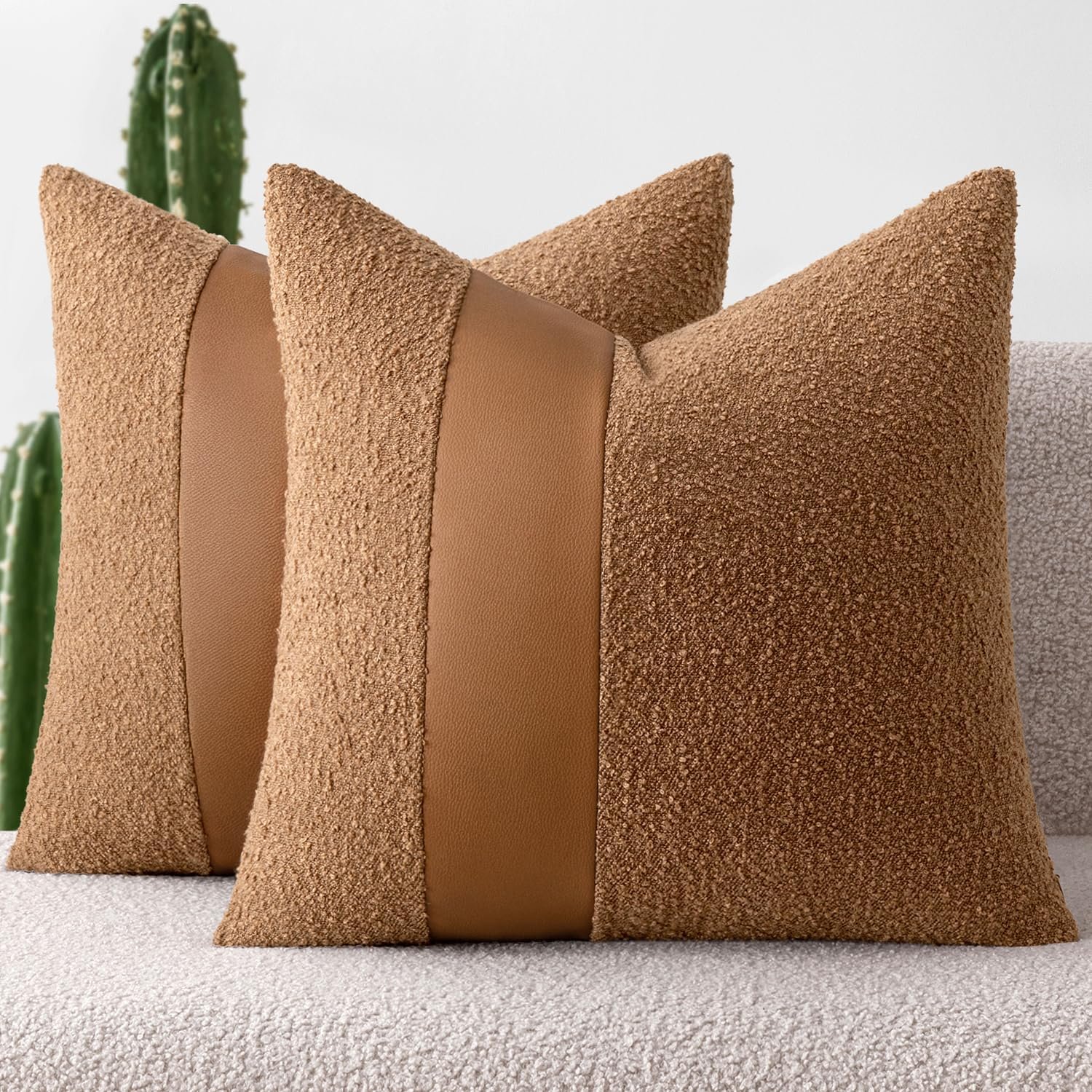 MIULEE Boucle Throw Pillow Covers 18×18 Inch Set of 2 Brown Faux Leather Textured Decorative Pillow Cases Boho Farmhouse Accents Cushion Covers for Couch Bed Livingroom Home Decor