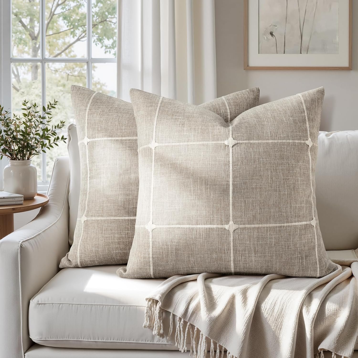 HOMEIDEAS Decorative Plaid Throw Pillow Covers 20×20 Set of 2, Tan Farmhouse Pillow Covers, Neutral Faux Linen Cushion Covers for Couch Sofa Bed Home Decor
