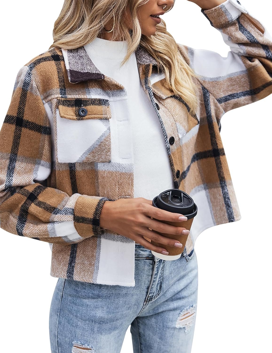 Zeagoo Flannels for Women Cropped Shacket Jacket Fashion Plaid Button Down Shirt 2026 Fall Coat Tops