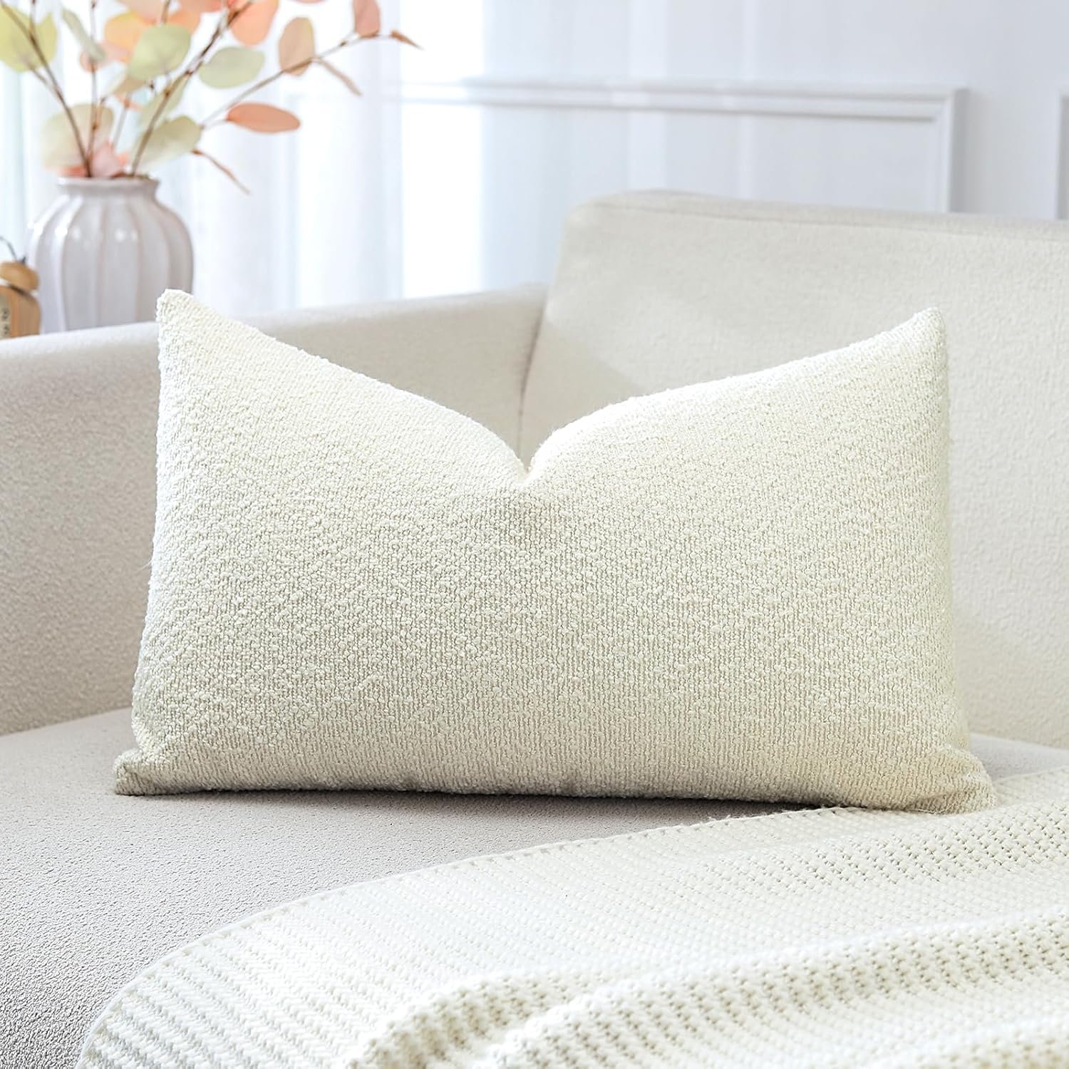 OTOSTAR Set of 1 Textured Boucle Throw Pillow Covers Lumbar Pillow Cases Cozy Soft Decorative Couch Cushion Case for Chair Sofa Bedroom Living Room Home Decor 12 x 20 Inch, Cream Beige