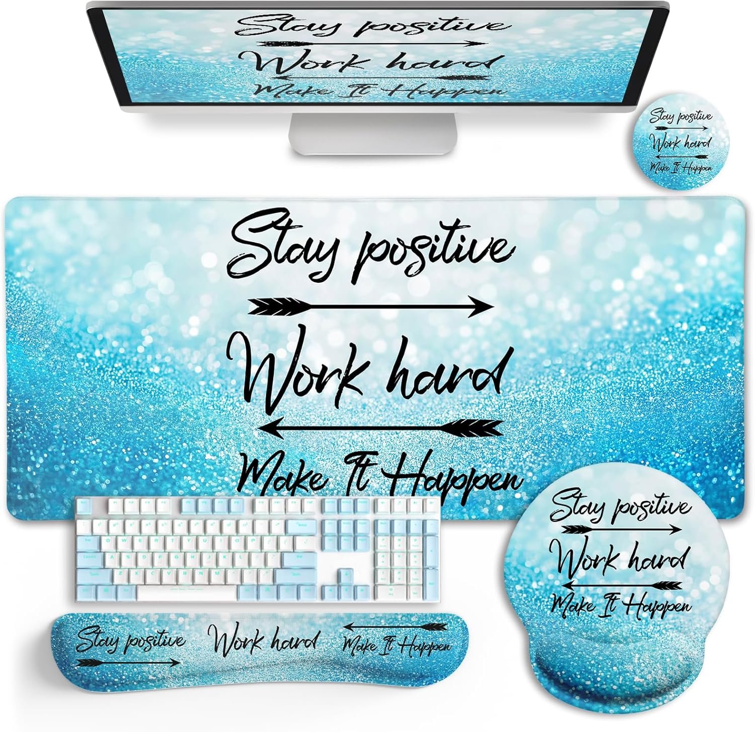 LIMKRIAN Desk Mat Pad, XXL Large Gaming Mouse Pad with Wrist Rest Wrist Support, Ergonomic Mouse Pad, Keyboard Wrist Rest, Coaster, Home Office Desk Accessories Decor Supplies, Stay Positive
