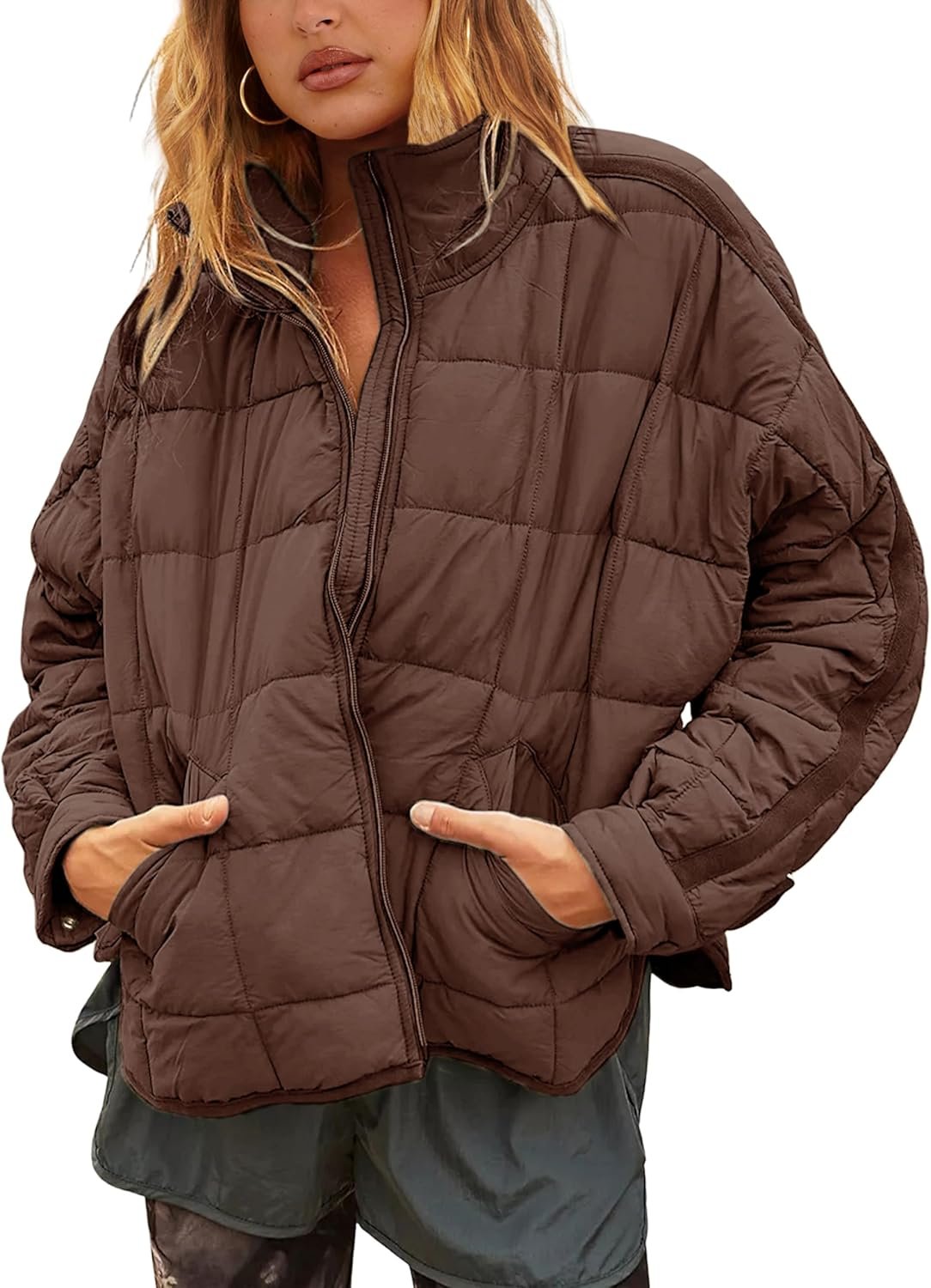 Bianstore Women’s Oversized Splice Quilted Lightweight Puffer Jacket Casual Padded Coat