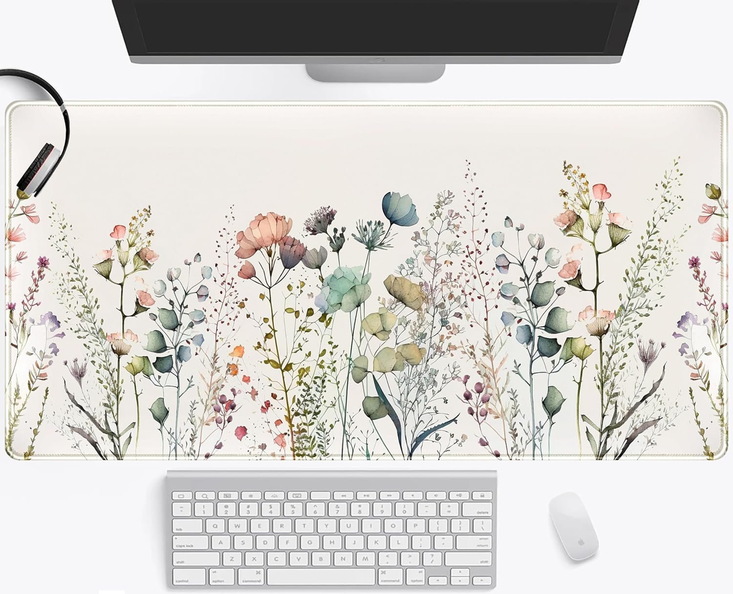 Floral Desk Mat Beige Boho Desk Pad, Large Extend Mouse Pad XXL, Cute Minimalist Flowers Keyboard Mat, Esthetics Desktop Mat Laptop Wireless Mouse Mat for Desk, Gift for Women 31.5″x15.75″