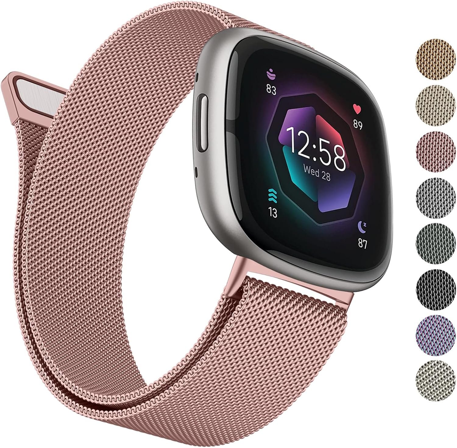 Metal Band Compatible with Fitbit Sense 2 /Sense Bands/Versa 4 / Versa 3 Bands Women Men, Stainless Steel Mesh Loop Strap for Fitbit Sense 2/Sense/Versa 4/Versa 3 Smart Watch (Small,Rose Pink)