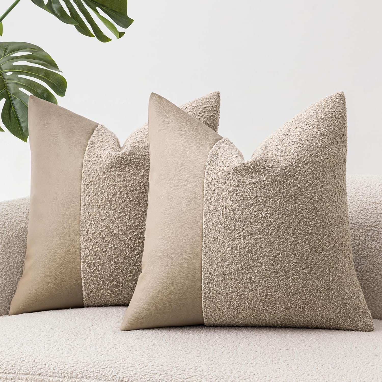 Set of 2 Fluffy Boucle Pillow Covers 18″x18″, Oatmeal Textured Throw Pillow Covers with Faux Leather Accents, Boho Decorative Pillow Cases for Couch, Bed, or Farmhouse Home Decor
