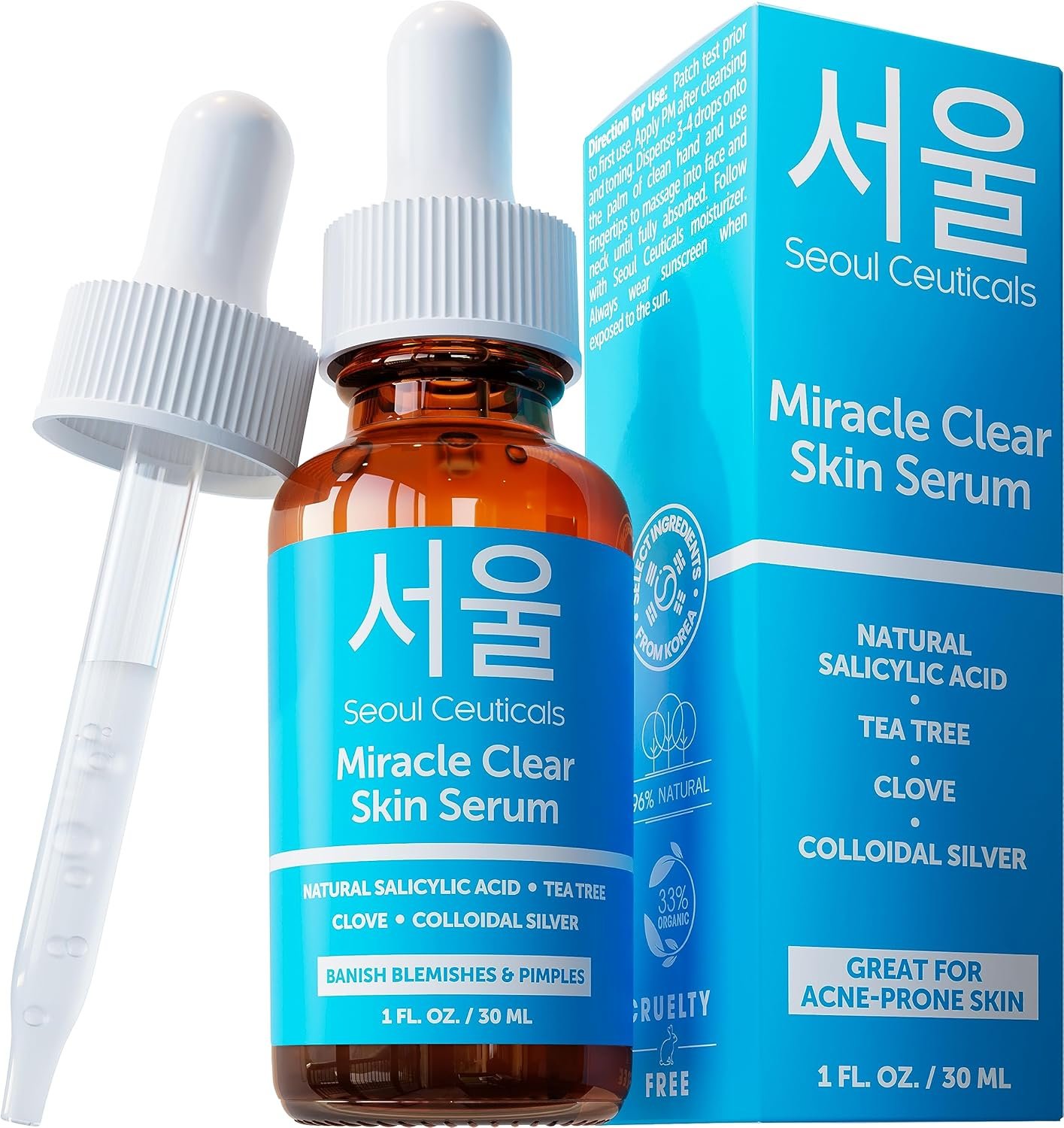 SeoulCeuticals Korean Acne Serum, Skin Care Treatment for Acne Prone Skin – Rapid Action Salicylic Acid, Tea Tree & Clove For Even Skin Tone 1oz