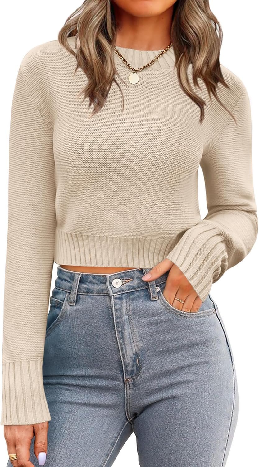 Zeagoo Women’s 2026 Fall Crewneck Cropped Sweater Trendy Long Sleeve Ribbed Knit Pullover Jumper Tops
